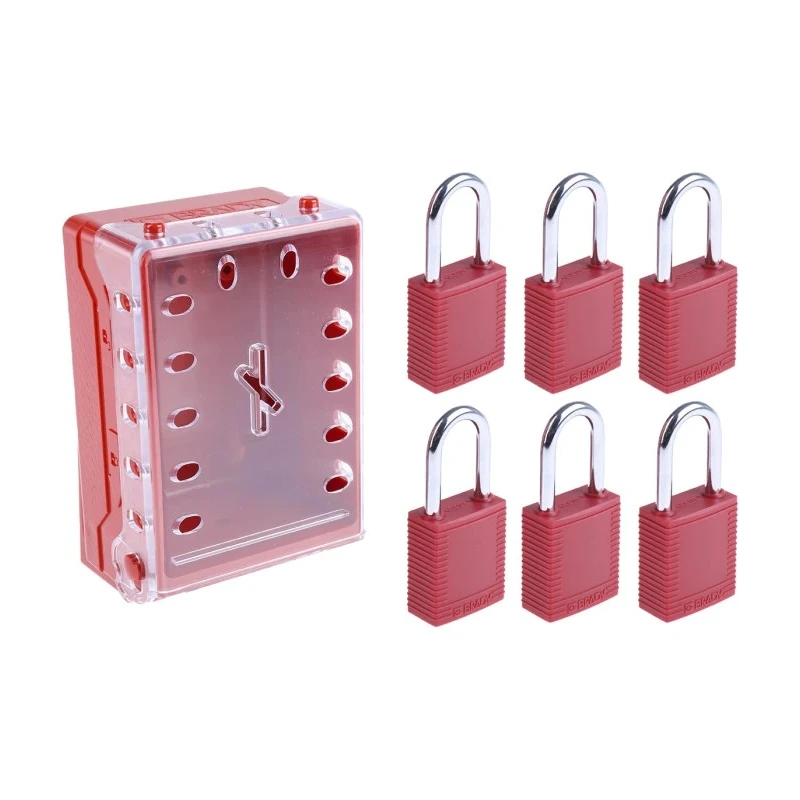 Brady Lockout Station 6 Padlocks Red Plastic COMPACT LOCK BOX+6 RED KEYED-DIFF LOCKS