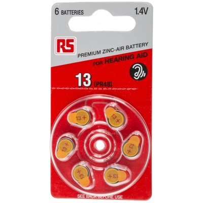 RS PRO PR48 Zinc Air Button Battery 1.4 V, 7.9 mm Diameter, 95 mAh Capacity, 6 Pack 801-0727