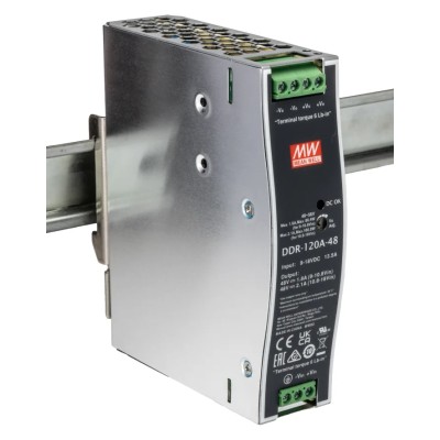 MEAN WELL DC/DC Converter 48V Output, 9-18V Input, 10A, 120W, DIN Rail Mount, Operating Temp -40°C to 70°C DDR-120A-48