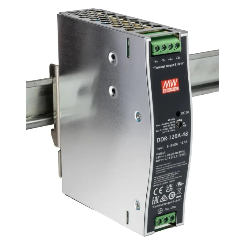 MEAN WELL DC/DC Converter 48V Output, 9-18V Input, 10A, 120W, DIN Rail Mount, Operating Temp -40°C to 70°C DDR-120A-48