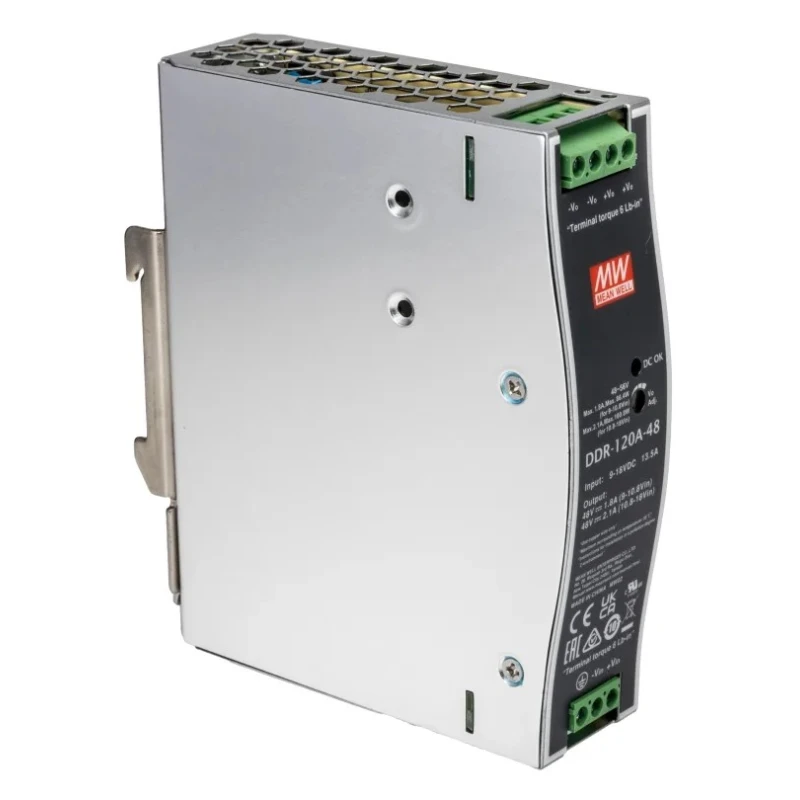 MEAN WELL DC/DC Converter 48V Output, 9-18V Input, 10A, 120W, DIN Rail Mount, Operating Temp -40°C to 70°C DDR-120A-48