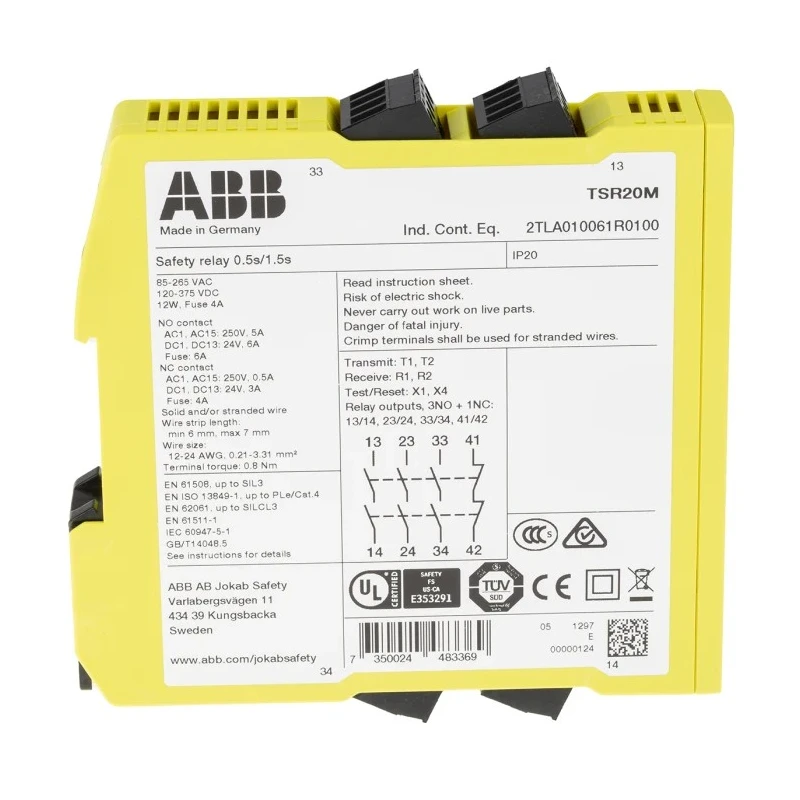 ABB Jokab Safety Relay, 375V dc Coil Voltage, 4 Safety Contacts, 3 NO/1 NC, Multi-Reset, Screw Terminals, CE Approved TSR20M