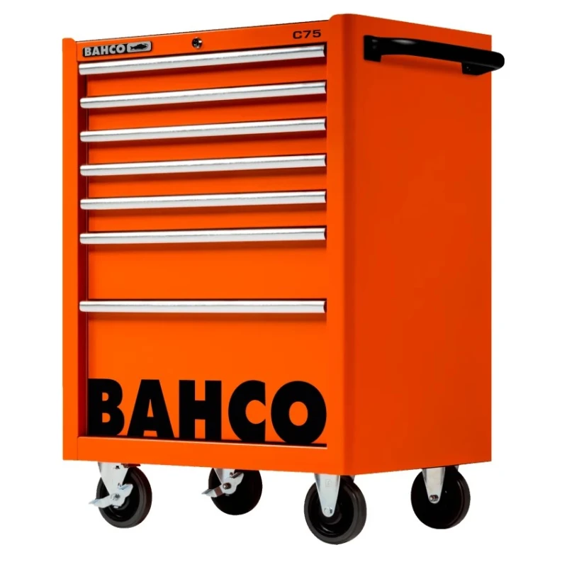 Bahco 7 Drawer Wheeled Tool Trolley Solid Steel Frame Orange 600kg Load Capacity 1475K7
