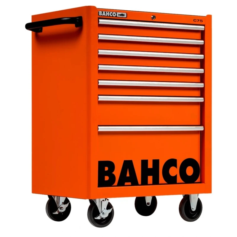 Bahco 7 Drawer Wheeled Tool Trolley Solid Steel Frame Orange 600kg Load Capacity 1475K7