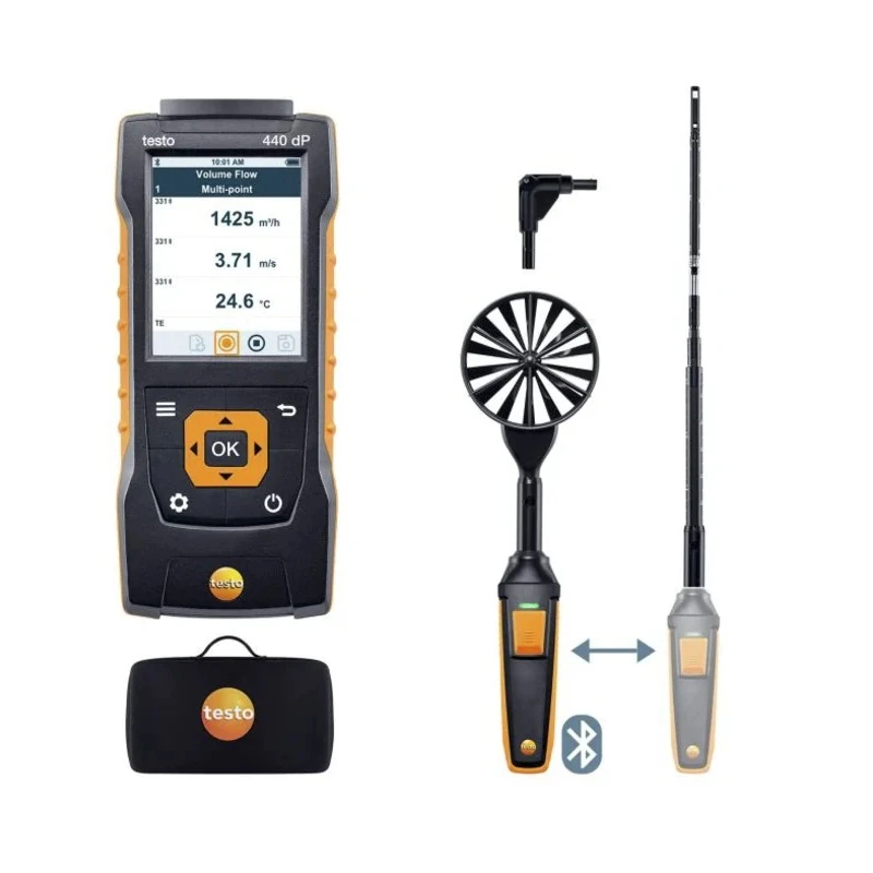Testo 440 dP Air Flow ComboKit 1 Anemometer with Bluetooth, NTC, Hotwire, Vane, Tc Probes, Measures Humidity, Air 0563 4409