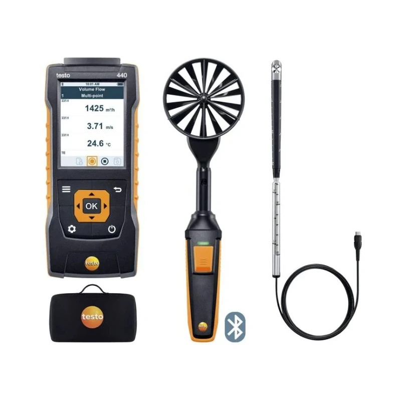Testo 440 Air Flow ComboKit 2 with Bluetooth Vane, NTC, Tc Anemometer for Volume Flow, Air Velocity, Temperature 0563 4407