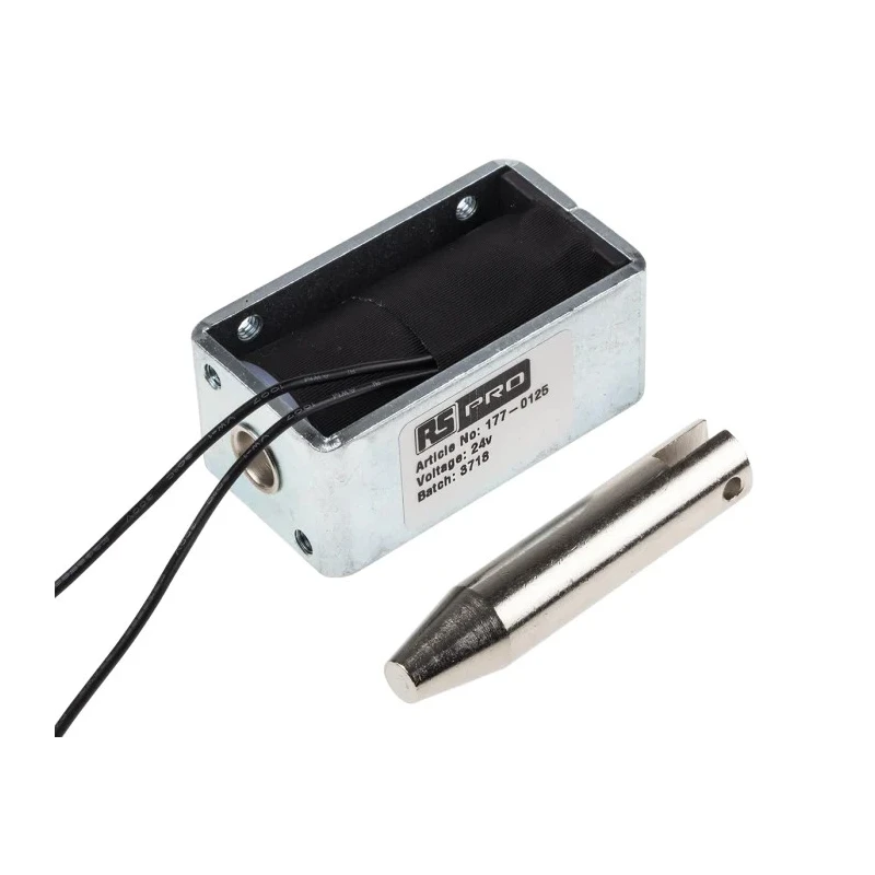 RS PRO Linear Solenoid Pull Action 24 VDC 58 mm Length 25.4 mm Width 31.8 mm Depth 177-0125
