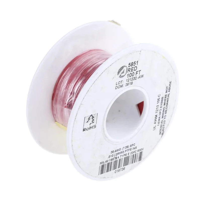 Alpha Wire Hookup Wire TEFLON Series Red, 30 AWG, 7x0.10 mm Core Strands, 30 m, Silver Plated Copper, 600V 5851 RD005