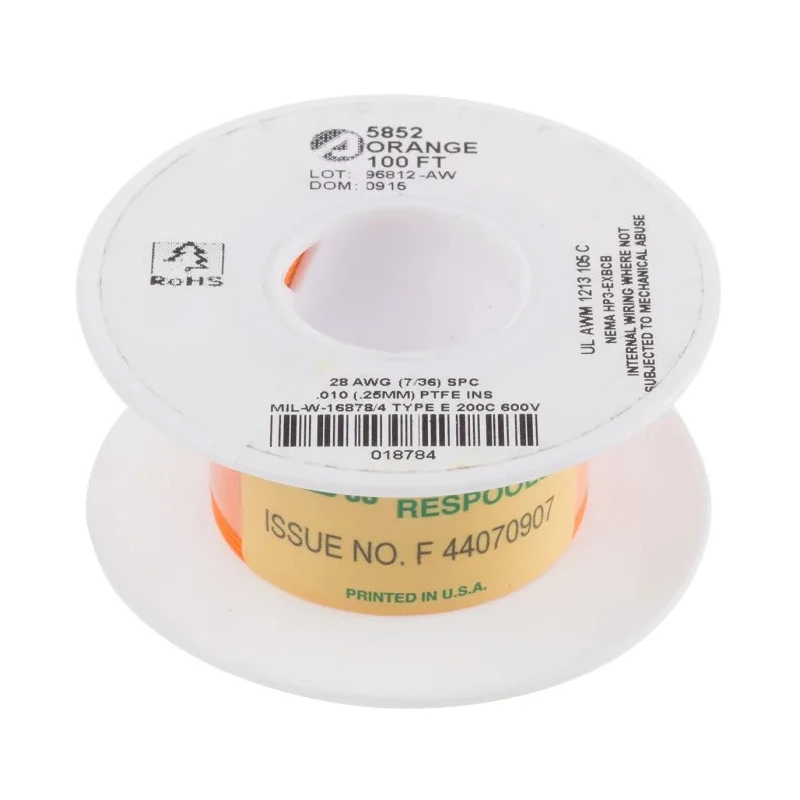 Alpha Wire PTFE Equipment Hookup Wire, Orange Jacket, 28 AWG, 7 x 0.13 mm Strands, 30 m Length, 600 V, 200°C Max 5852 OR005