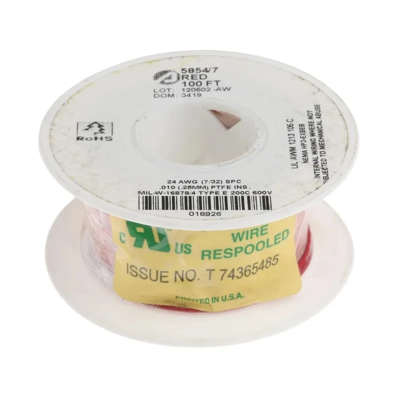 Alpha Wire Hookup Wire TEFLON Series Red, 24 AWG, 7/0.20 mm Core Strands, 30 m Length, 600V, 200°C Maximum 5854/7 RD005