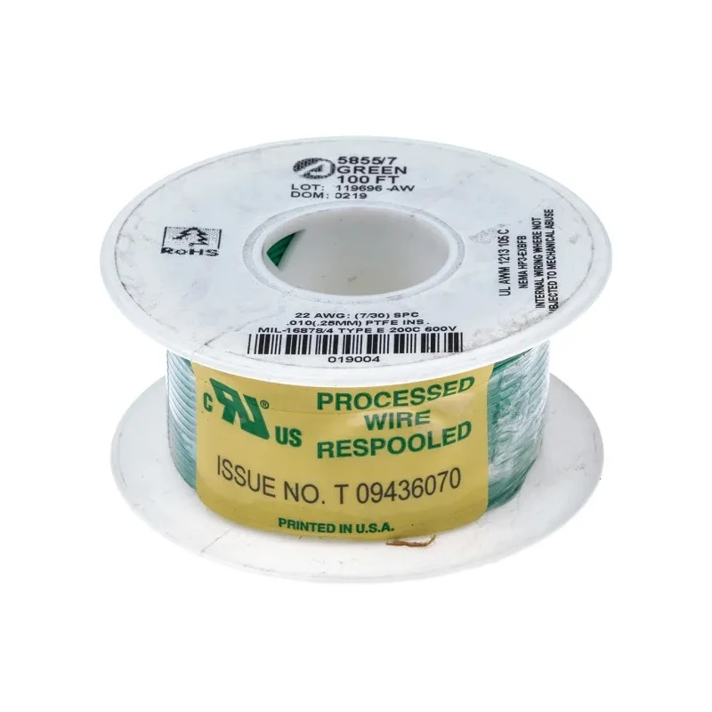 Alpha Wire Hookup Wire TEFLON Series Green Hook Up Wire 22 AWG 7/0.25 mm 30 m 600V Silver Plated Copper 5855/7 GR005