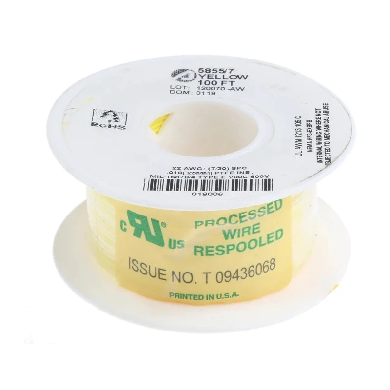 Alpha Wire Hookup Wire TEFLON Series Yellow Hook Up Wire 22 AWG, 7/0.25 mm Core Strands, 30 m Length, 600V 5855/7 YL005