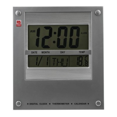 RS PRO Silver Radio Controlled Digital Wall Clock with Built-in Thermometer 811-1820