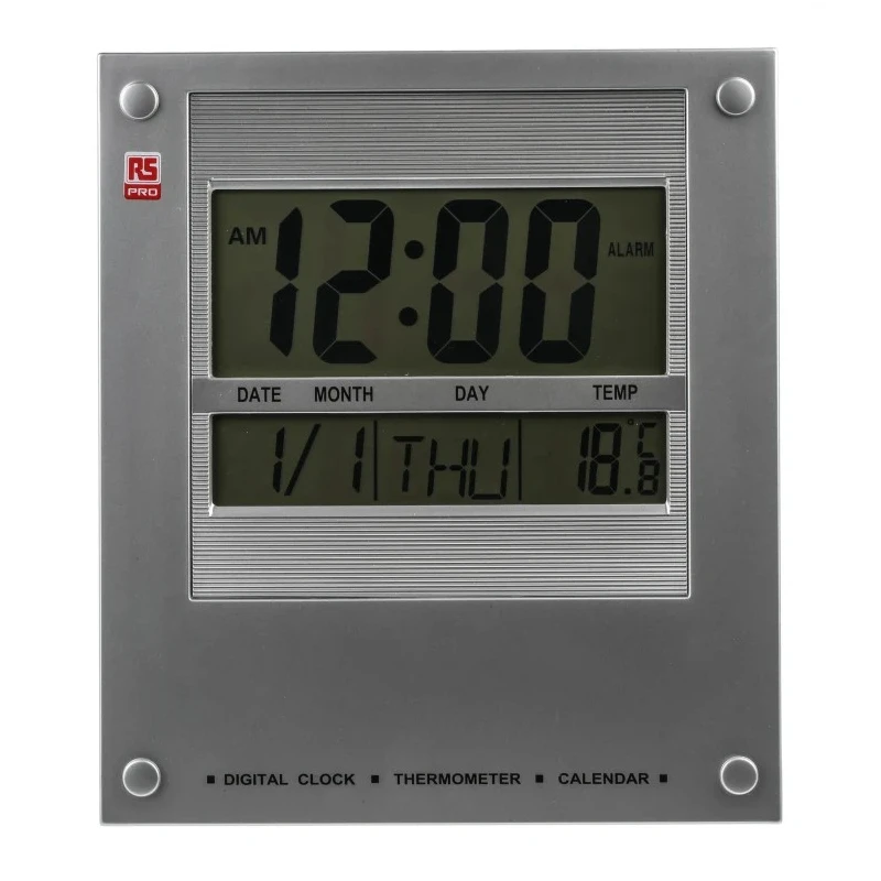 RS PRO Silver Radio Controlled Digital Wall Clock with Built-in Thermometer 811-1820