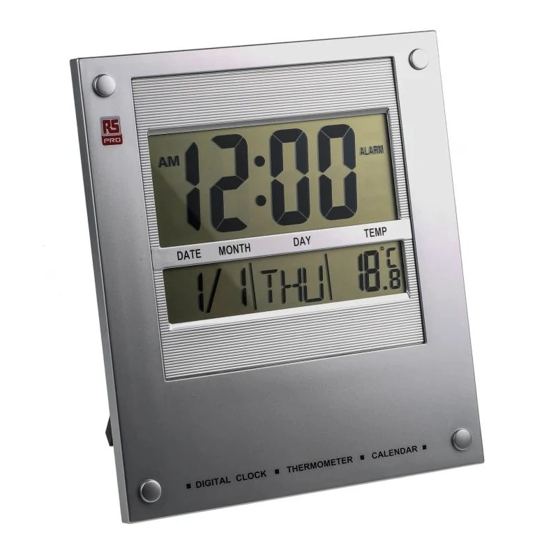 RS PRO Silver Radio Controlled Digital Wall Clock with Built-in Thermometer 811-1820