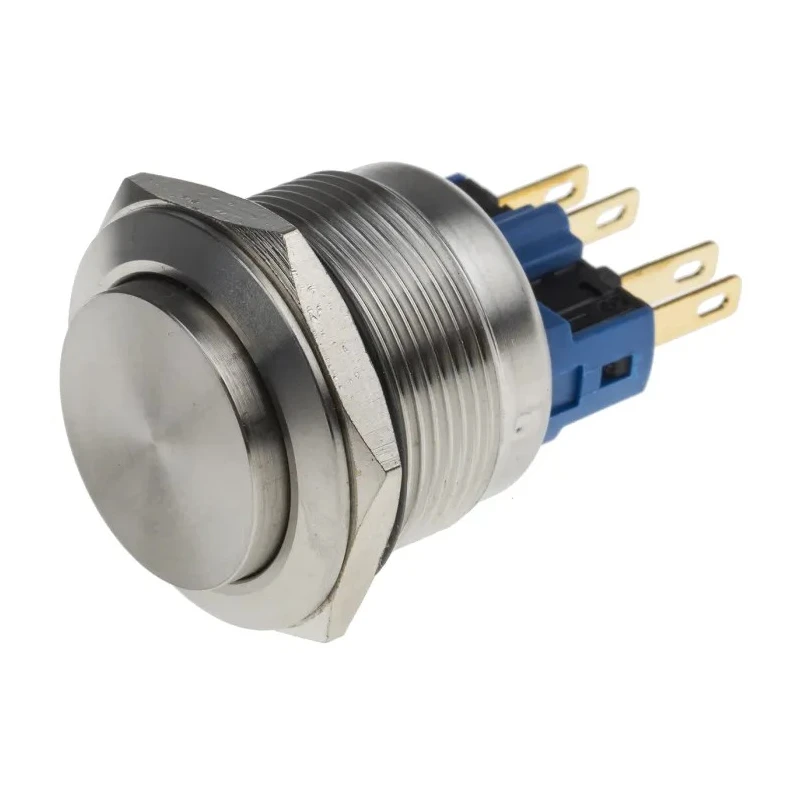 RS PRO Push Button Switch Momentary Panel Mount Silver Actuator 22 mm Cutout SPDT Quick Connect Terminals Chrome 811-8471