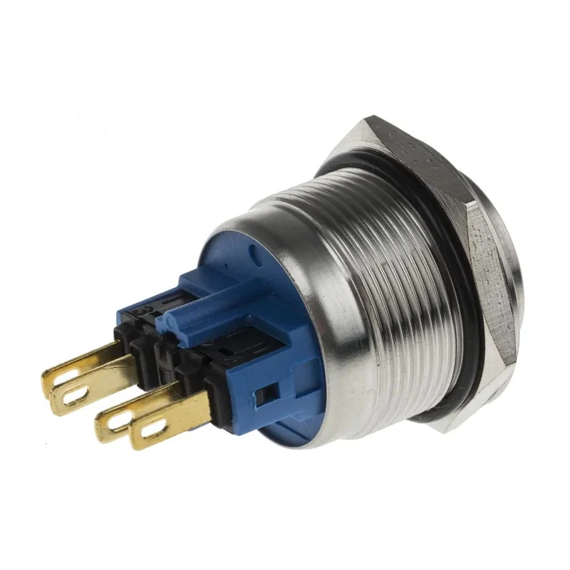 RS PRO Push Button Switch Momentary Panel Mount Silver Actuator 22 mm Cutout SPDT Quick Connect Terminals Chrome 811-8471