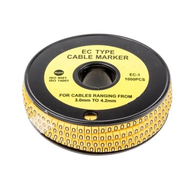 TE Connectivity RS PRO EC Slide-On Cable Marker, Black Legend "0", Yellow PVC, 3 mm to 4.2 mm Cable Diameter, 85°C 812-0809