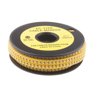 TE Connectivity RS PRO EC Slide-On Cable Marker, Black, Pre-printed '5', Fits 3-4.2 mm Cable Diameter, Yellow PVC 812-0812