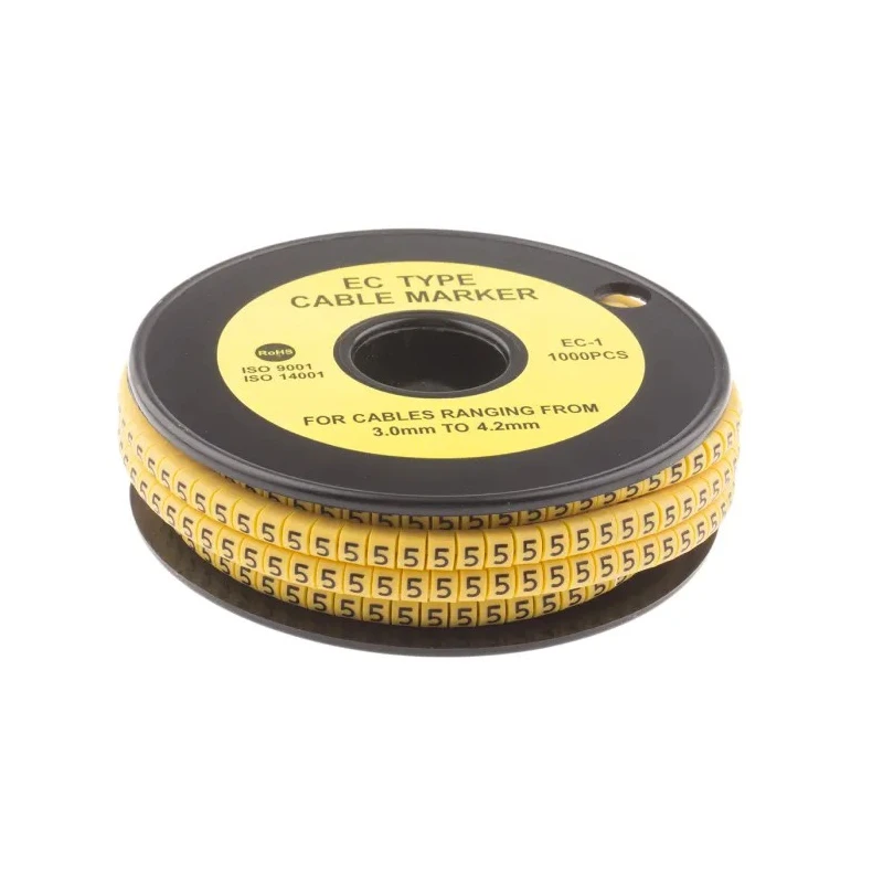 TE Connectivity RS PRO EC Slide-On Cable Marker, Black, Pre-printed '5', Fits 3-4.2 mm Cable Diameter, Yellow PVC 812-0812