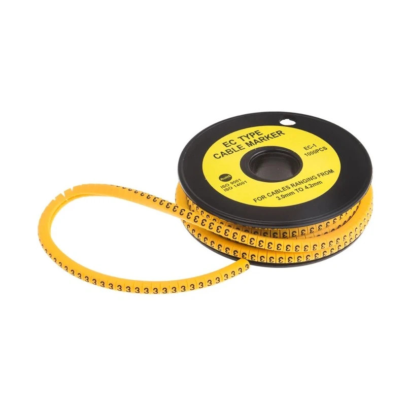 TE Connectivity EC Slide-On Cable Marker, Black Legend "3", Yellow PVC, 3-4.2 mm Cable Diameter, 4 mm Length 812-0815