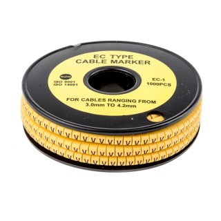 RS PRO EC Slide-On Cable Marker, Black, Pre-printed "V", 4.2 mm Cable Yellow, 3 mm Cable 812-0903