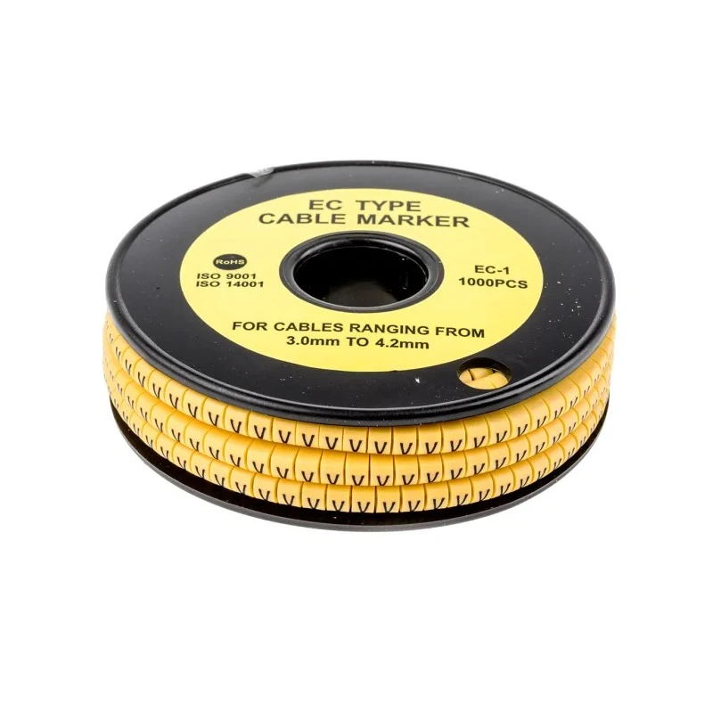 RS PRO EC Slide-On Cable Marker, Black, Pre-printed "V", 4.2 mm Cable Yellow, 3 mm Cable 812-0903