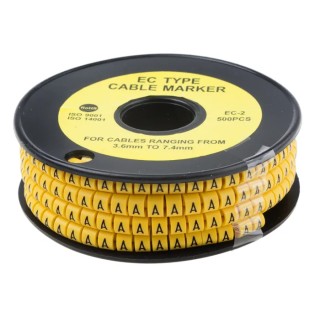 RS PRO EC Slide-On Cable Marker, Black Legend "A", Yellow Polyvinyl Chloride for 3.6 to 7.4 mm Cable Diameter 812-0963