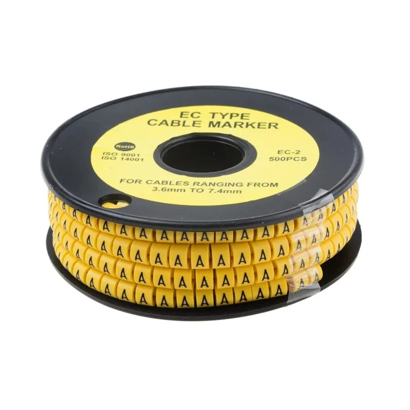 RS PRO EC Slide-On Cable Marker, Black Legend "A", Yellow Polyvinyl Chloride for 3.6 to 7.4 mm Cable Diameter 812-0963