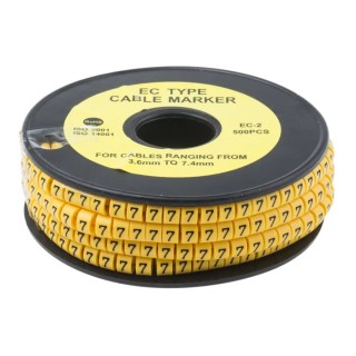 RS Pro EC Slide-On Cable Marker, Black Legend "7", Yellow PVC, 3.6 to 7.4 mm Cable Diameter, 5 mm Length 812-0957