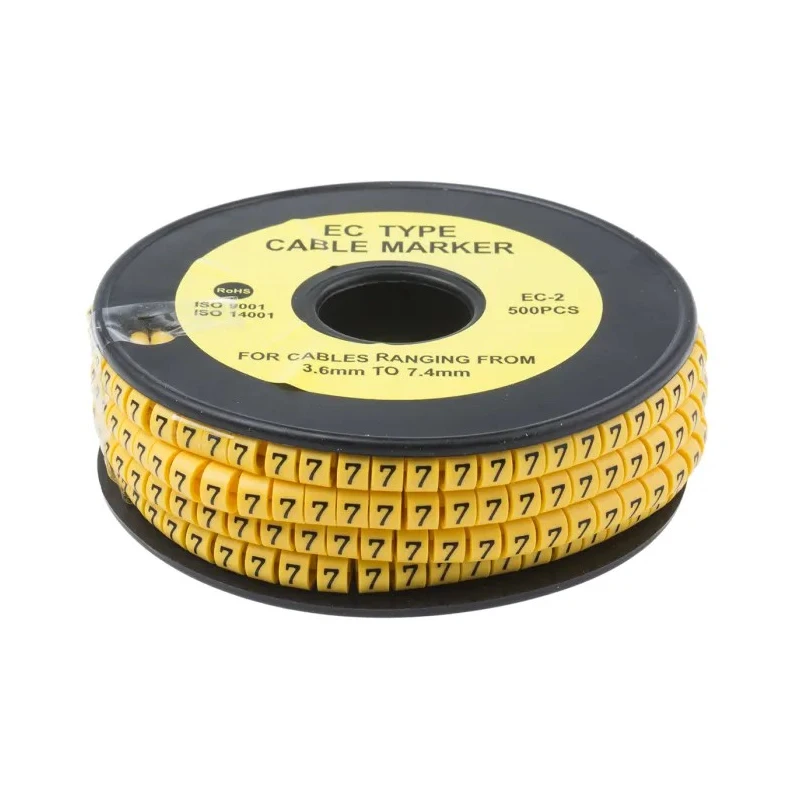 RS Pro EC Slide-On Cable Marker, Black Legend "7", Yellow PVC, 3.6 to 7.4 mm Cable Diameter, 5 mm Length 812-0957