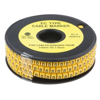 RS Pro EC Slide-On Cable Marker, Black Legend "D", Yellow Marker, 3.6 mm to 7.4 mm Cable Diameter, Polyvinyl 812-0979