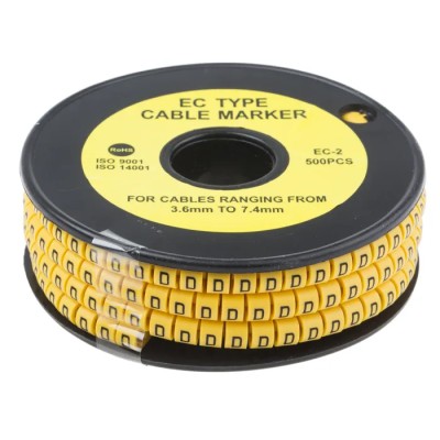 RS Pro EC Slide-On Cable Marker, Black Legend "D", Yellow Marker, 3.6 mm to 7.4 mm Cable Diameter, Polyvinyl 812-0979