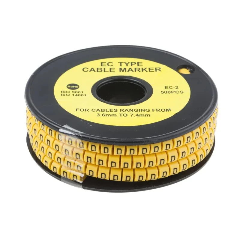 RS Pro EC Slide-On Cable Marker, Black Legend "D", Yellow Marker, 3.6 mm to 7.4 mm Cable Diameter, Polyvinyl 812-0979