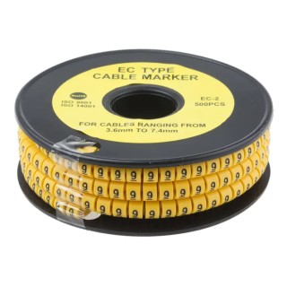RS PRO EC Slide-On Cable Marker Black Pre-printed "9" Yellow Marker for 3.6mm to 7.4mm Cable 812-0969