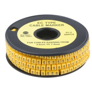 RS Pro EC Slide-On Cable Marker, Black Legend "S", Yellow PVC, 3.6 mm to 7.4 mm Cable Diameter, 5 mm Length, RoHS 812-1023