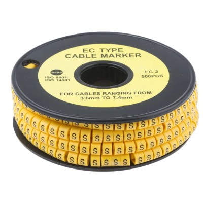 RS Pro EC Slide-On Cable Marker, Black Legend "S", Yellow PVC, 3.6 mm to 7.4 mm Cable Diameter, 5 mm Length, RoHS 812-1023