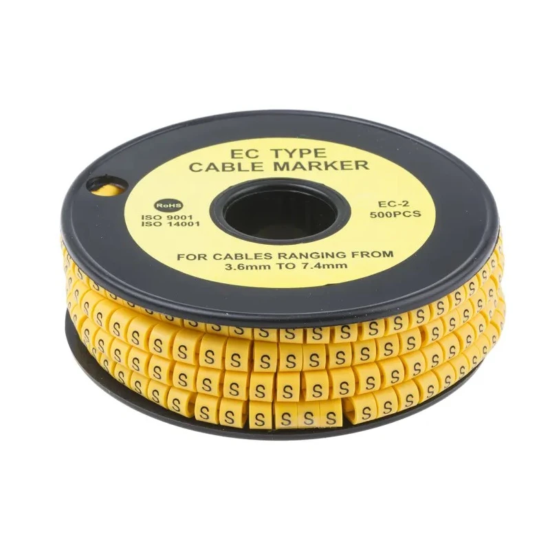 RS Pro EC Slide-On Cable Marker, Black Legend "S", Yellow PVC, 3.6 mm to 7.4 mm Cable Diameter, 5 mm Length, RoHS 812-1023
