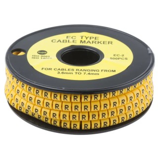 RS Pro EC Slide-On Cable Marker, Black Legend "R", Yellow Marker, For 3.6 mm to 7.4 mm Cable Diameter, Polyvinyl 812-1029