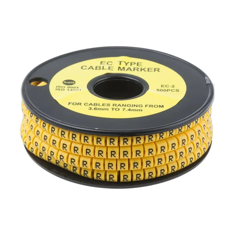 RS Pro EC Slide-On Cable Marker, Black Legend "R", Yellow Marker, For 3.6 mm to 7.4 mm Cable Diameter, Polyvinyl 812-1029
