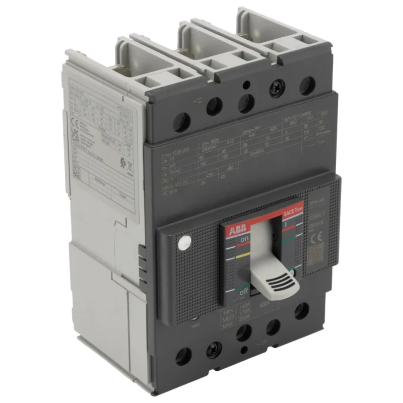 ABB Molded Case Circuit Breaker 3-Pole 200A, Breaking Capacity 37.5 kA, Fixed Mount XT3N