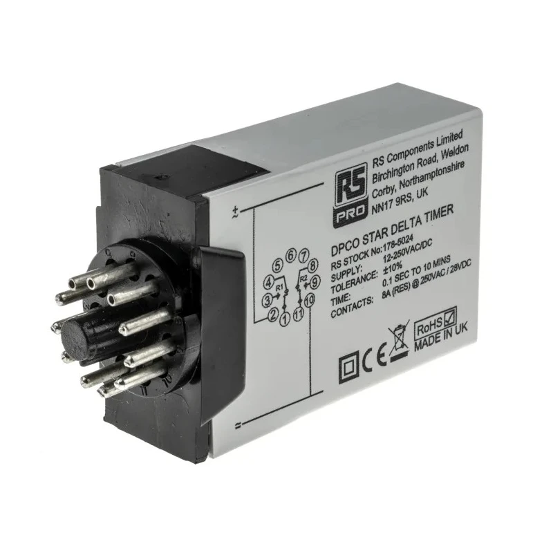 RS PRO Timer Relay 11-Contact, 12 to 250 V DC/12 V AC, 240 V AC, 0.1 s to 10 min Time Range, 1-Function, 2 x SPDT 178-5024