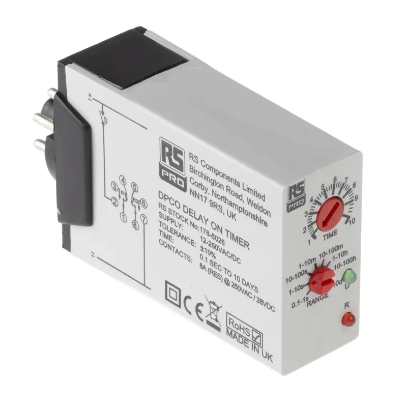 RS PRO Timer Relay, 8-Contact, DPDT Switch, 12 to 250 V dc 12V ac 240 V ac, 0.1 s to 10 Days, 1-Function, ON Delay 178-5026