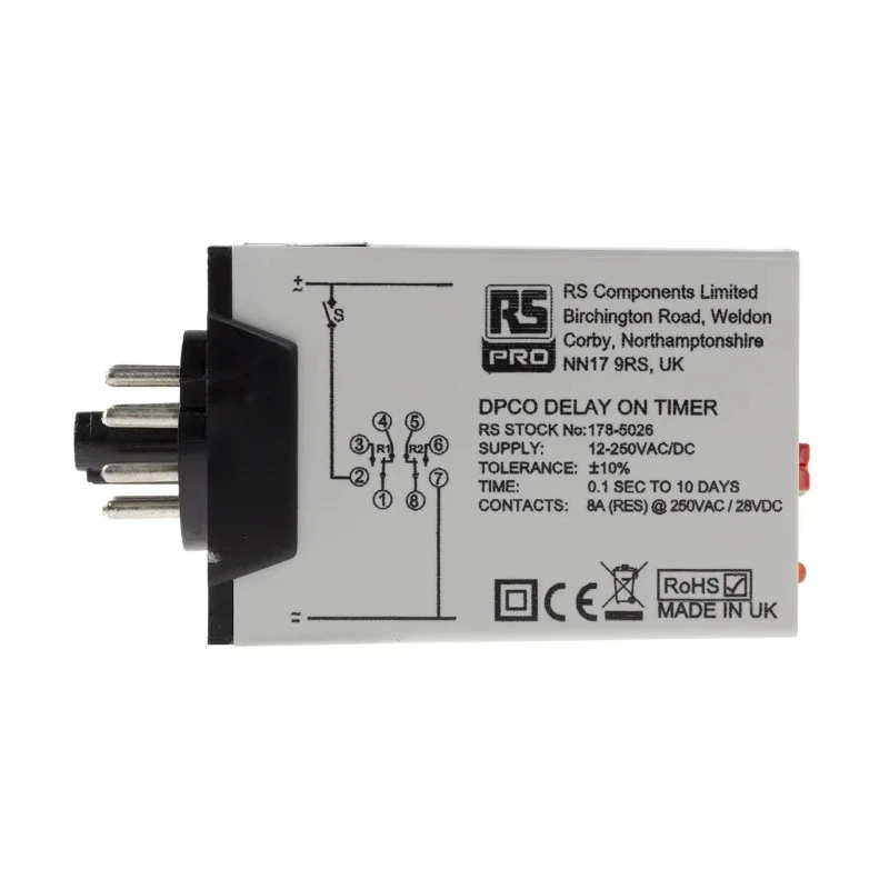 RS PRO Timer Relay, 8-Contact, DPDT Switch, 12 to 250 V dc 12V ac 240 V ac, 0.1 s to 10 Days, 1-Function, ON Delay 178-5026