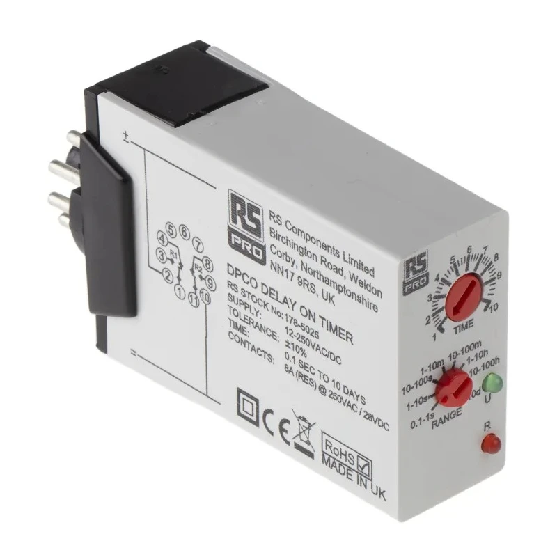 RS PRO Timer Relay, 11-Contact, 12 to 250 V DC / 12V AC / 240V AC, 0.1 s to 10 Days, 1-Function, DPDT Switch 178-5025