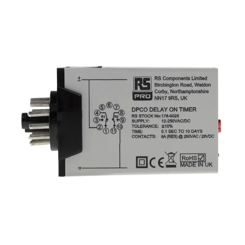 RS PRO Timer Relay, 11-Contact, 12 to 250 V DC / 12V AC / 240V AC, 0.1 s to 10 Days, 1-Function, DPDT Switch 178-5025