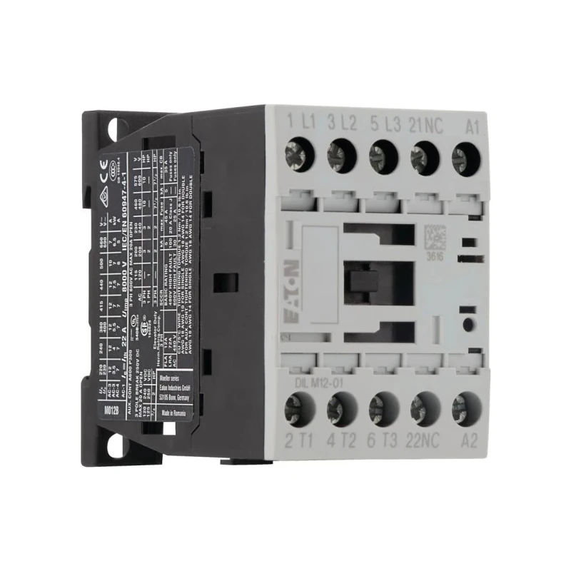 Eaton Contactor, 3-Pole, 12 A, 5.5 kW, 24V AC Coil, 3 NO Auxiliary Contacts, 400V AC DILM12