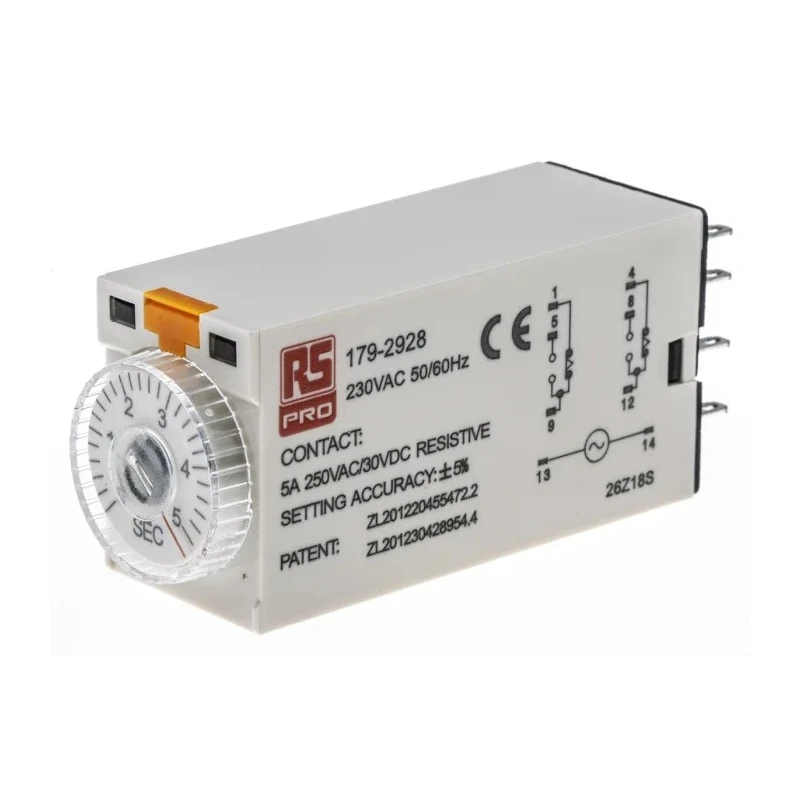 RS PRO Timer Relay 2-Contact 230V AC, 0.2 to 5 s Time Range, 1-Function, DPDT Switch Configuration 179-2928