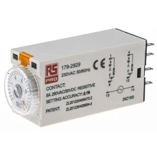 RS PRO Timer Relay 2-Contact 230V AC 0.5 to 10 s ON Delay DPDT Switch Configuration 179-2929