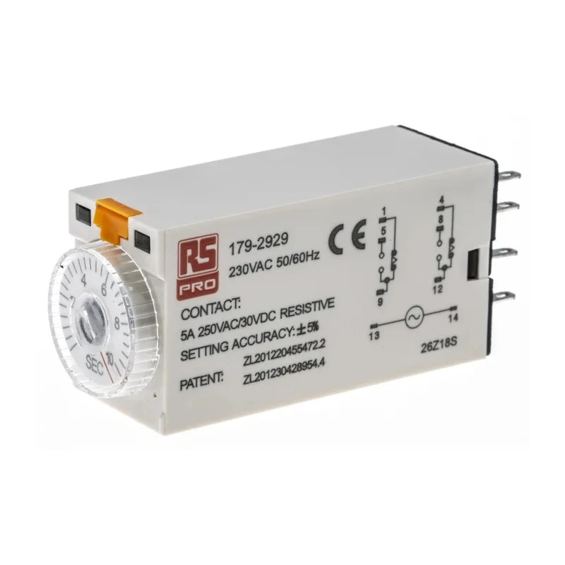 RS PRO Timer Relay 2-Contact 230V AC 0.5 to 10 s ON Delay DPDT Switch Configuration 179-2929